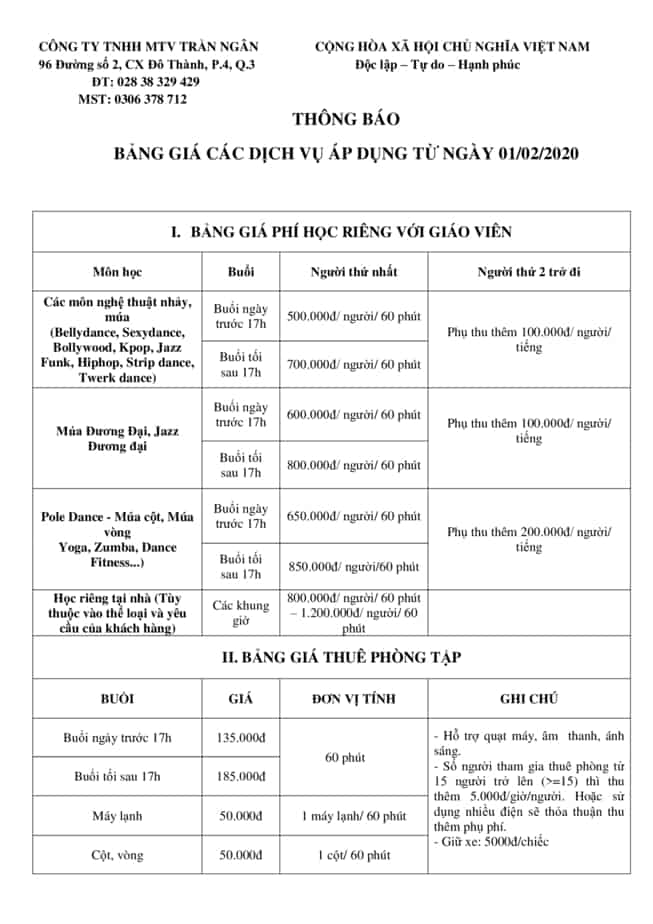 Bảng Giá Học Riêng 1 Bảng Giá Học Riêng 1