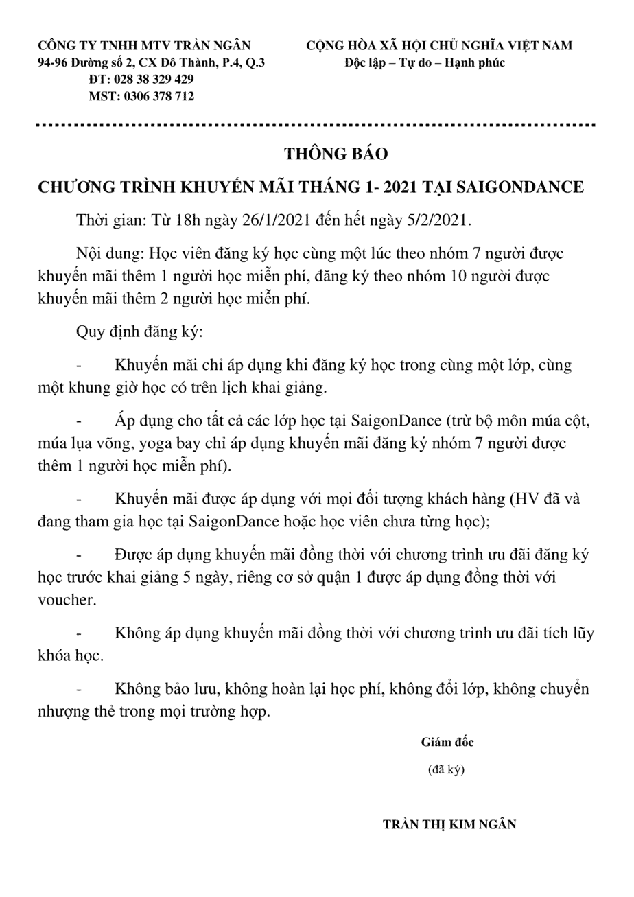 Chương Trình Khuyến Mãi Tháng 1 - 2021 Tại SaigonDance 2