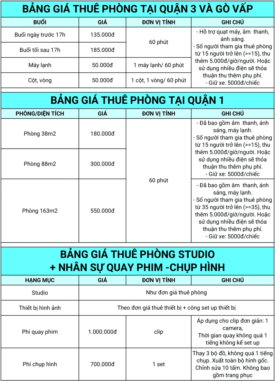 Bảng Giá Cho Thuê Phòng Tập 1
