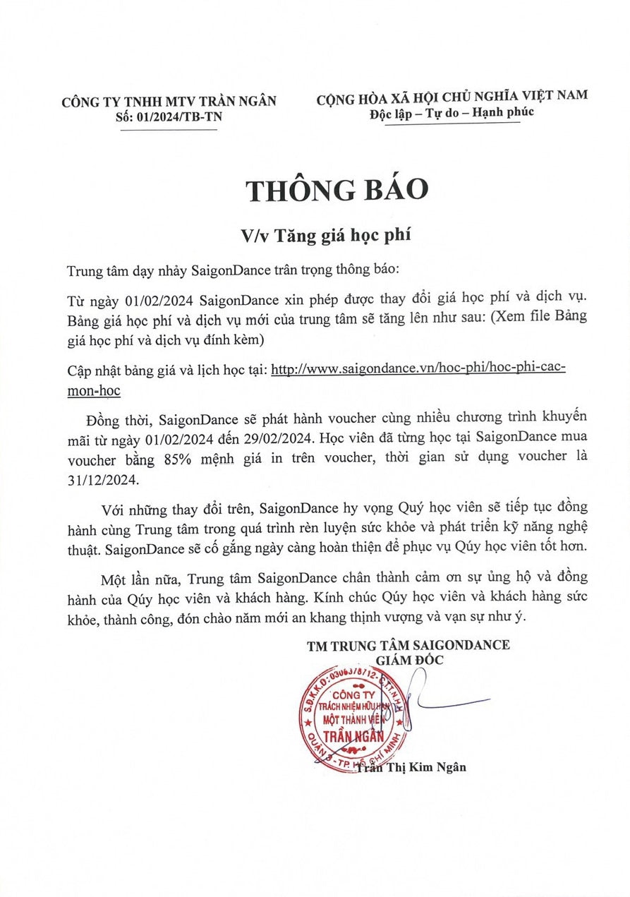 THÔNG BÁO VỀ VIỆC TĂNG GIÁ HỌC PHÍ 4