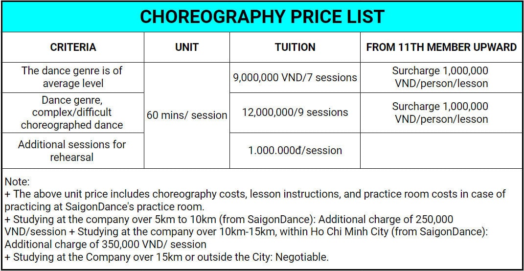 CHOREOGRAPHY PRICE LIST 1